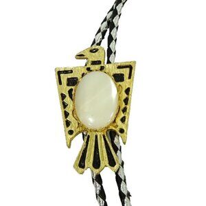 Thunderbird Bolo Tie String Necktie Golden Tips Braided Silver and Black Cord